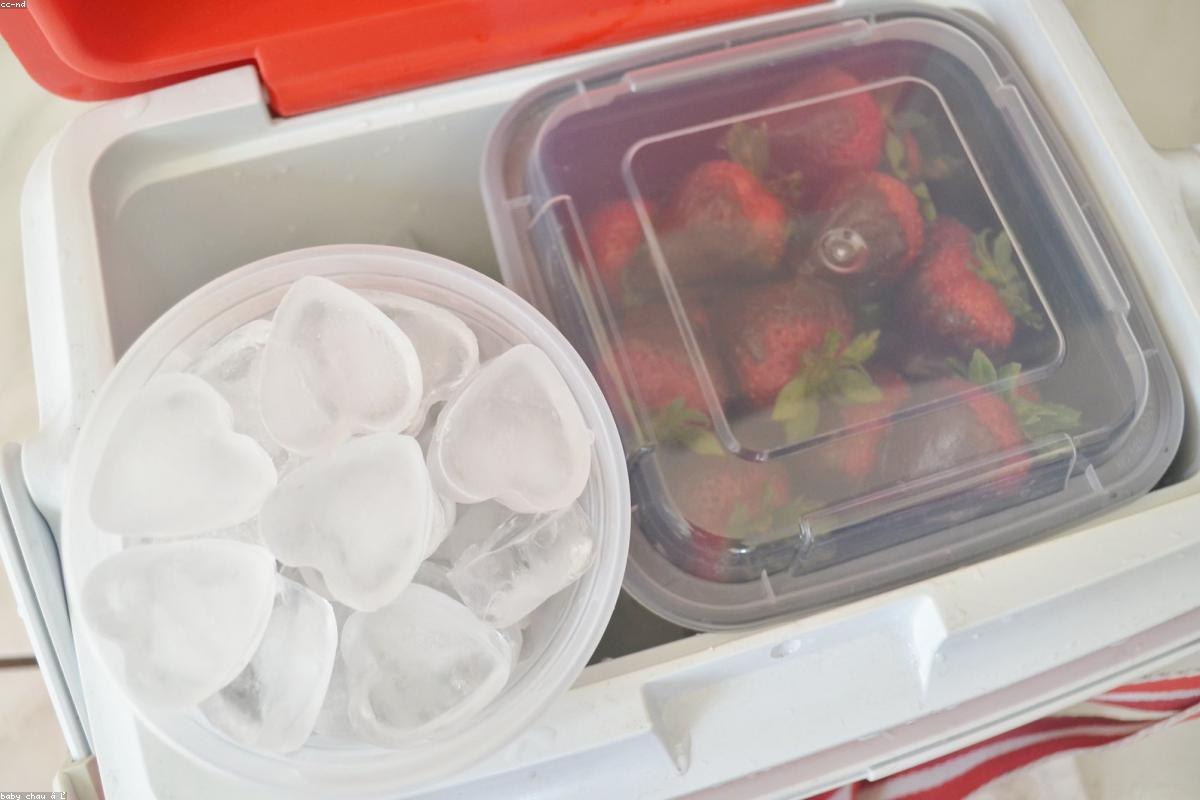 A rugged hard cooler open with drinks and ice at a picnic table